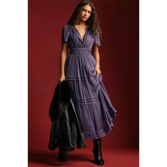 Anthropologie The Somerset Maxi Dress Lurex Edition Metallic Marin Navy L NWT - Picture 1 of 8